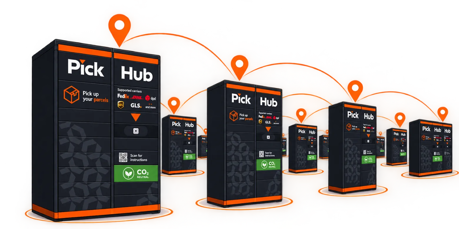 A network of PickHub parcel lockers connected on a map